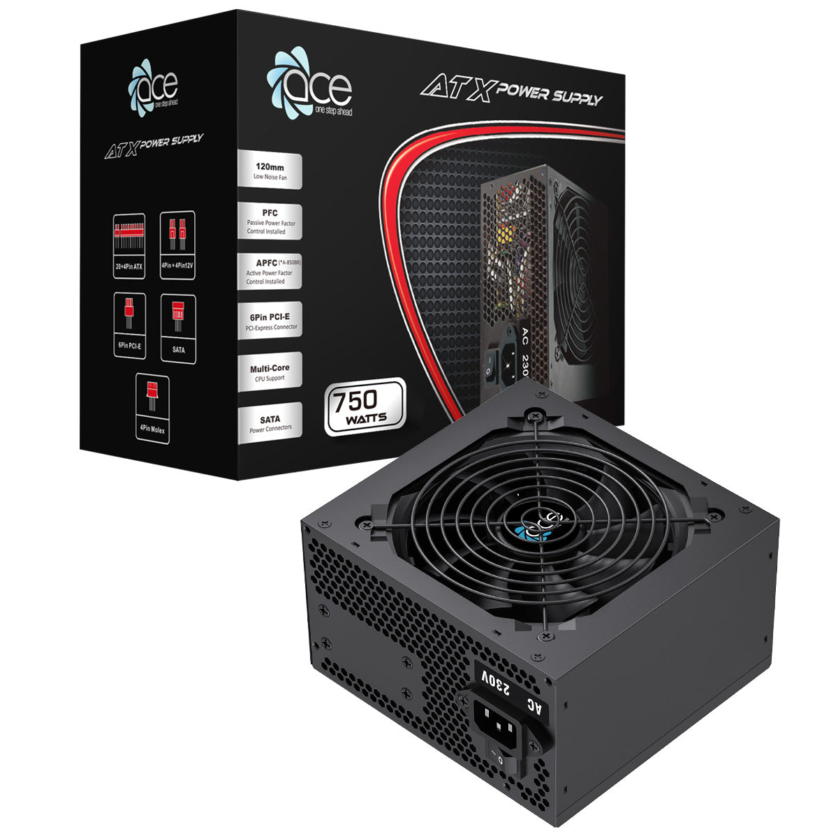 ACE 750w ATX PSU With 120mm Fan and Flat Black Cables