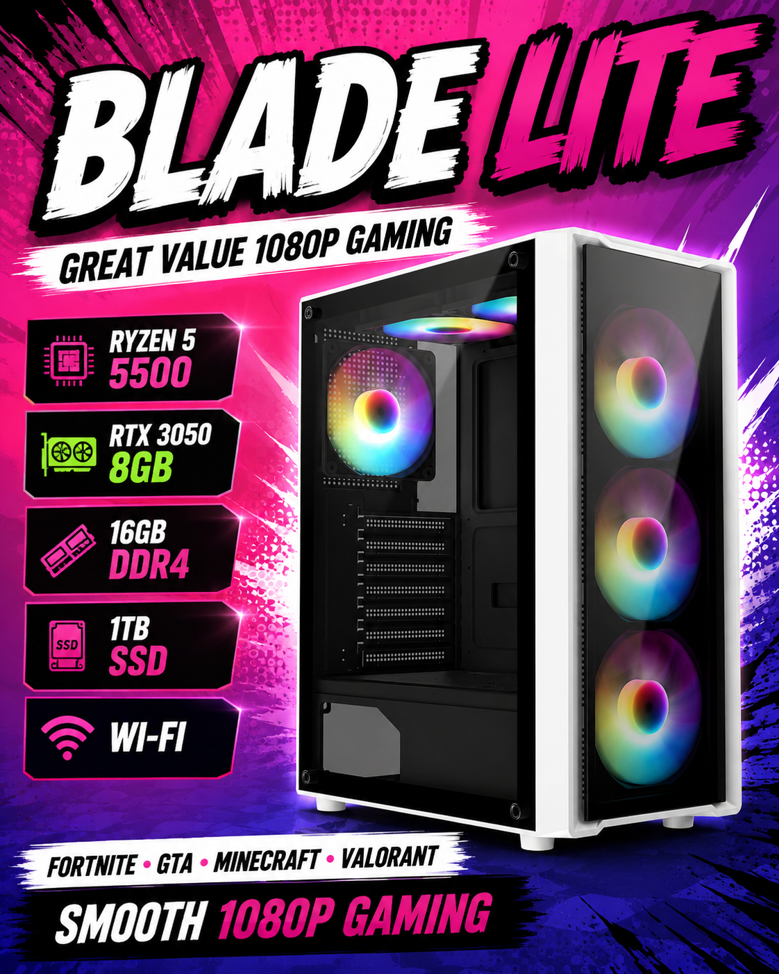 BLADE LITE – Ryzen 5 5500 • RTX 3050 8GB • 16GB RAM • Wi-Fi | DDR4