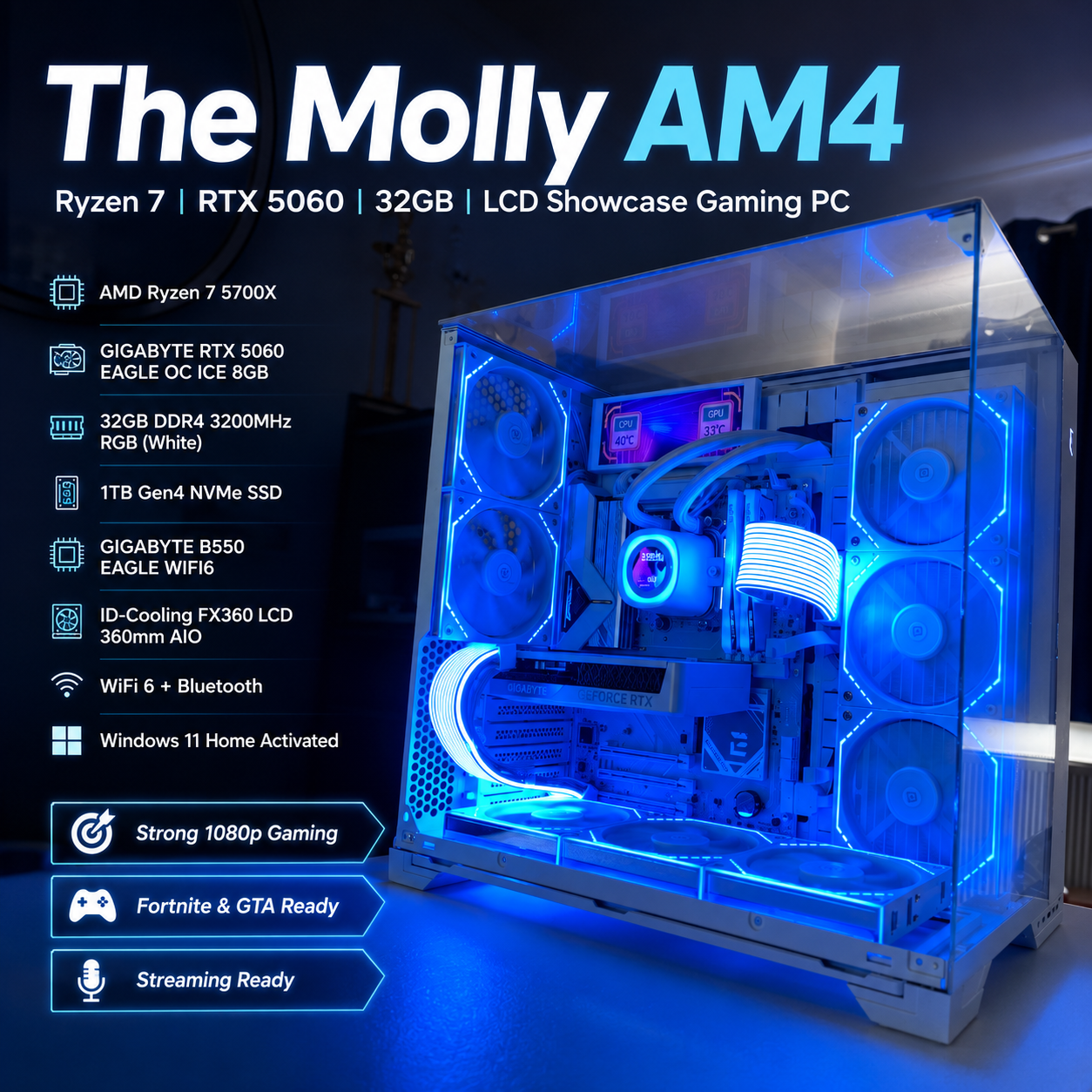 The Molly AM4 – Ryzen 7 | RTX 5060 | 32GB | LCD Showcase Gaming PC | Fortnite & GTA | DDR5 | Streaming Ready