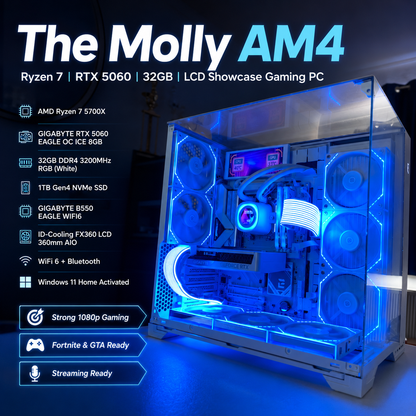 The Molly AM4 – Ryzen 7 | RTX 5060 | 32GB | LCD Showcase Gaming PC | Fortnite & GTA | DDR5 | Streaming Ready
