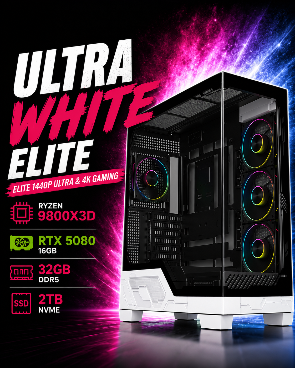 ULTRA WHITE Elite Gaming PC – Ryzen 9800X3D • RTX 5080 16GB • 32GB DDR5 • AM5 | White Build | Streaming Ready