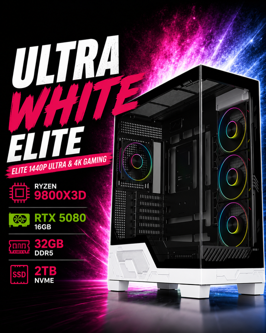 ULTRA WHITE Elite Gaming PC – Ryzen 9800X3D • RTX 5080 16GB • 32GB DDR5 • AM5 | White Build | Streaming Ready