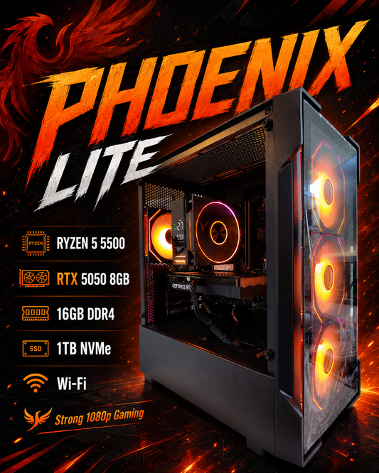 PHOENIX LITE – Ryzen 5 5500 • RTX 5050 8GB • 16GB RAM • Wi-Fi | DDR4