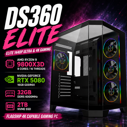 DS360 Elite Gaming PC – Ryzen 9800X3D • RTX 5080 16GB • 32GB DDR5 • AM5 | Streaming Ready