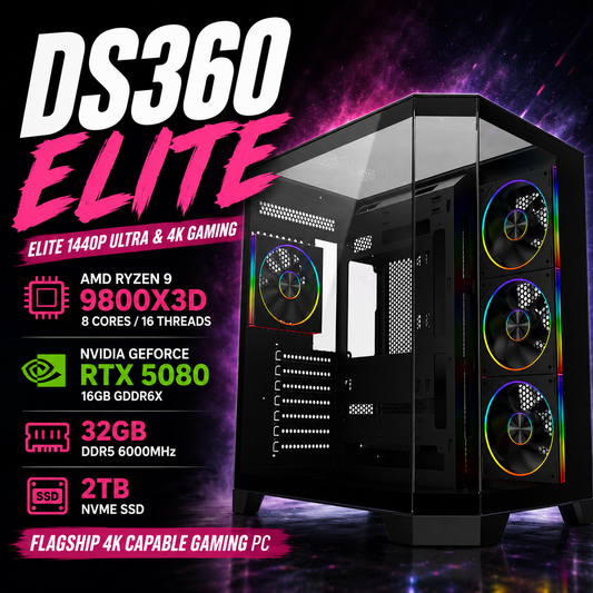 DS360 Elite Gaming PC – Ryzen 9800X3D • RTX 5080 16GB • 32GB DDR5 • AM5 | Streaming Ready