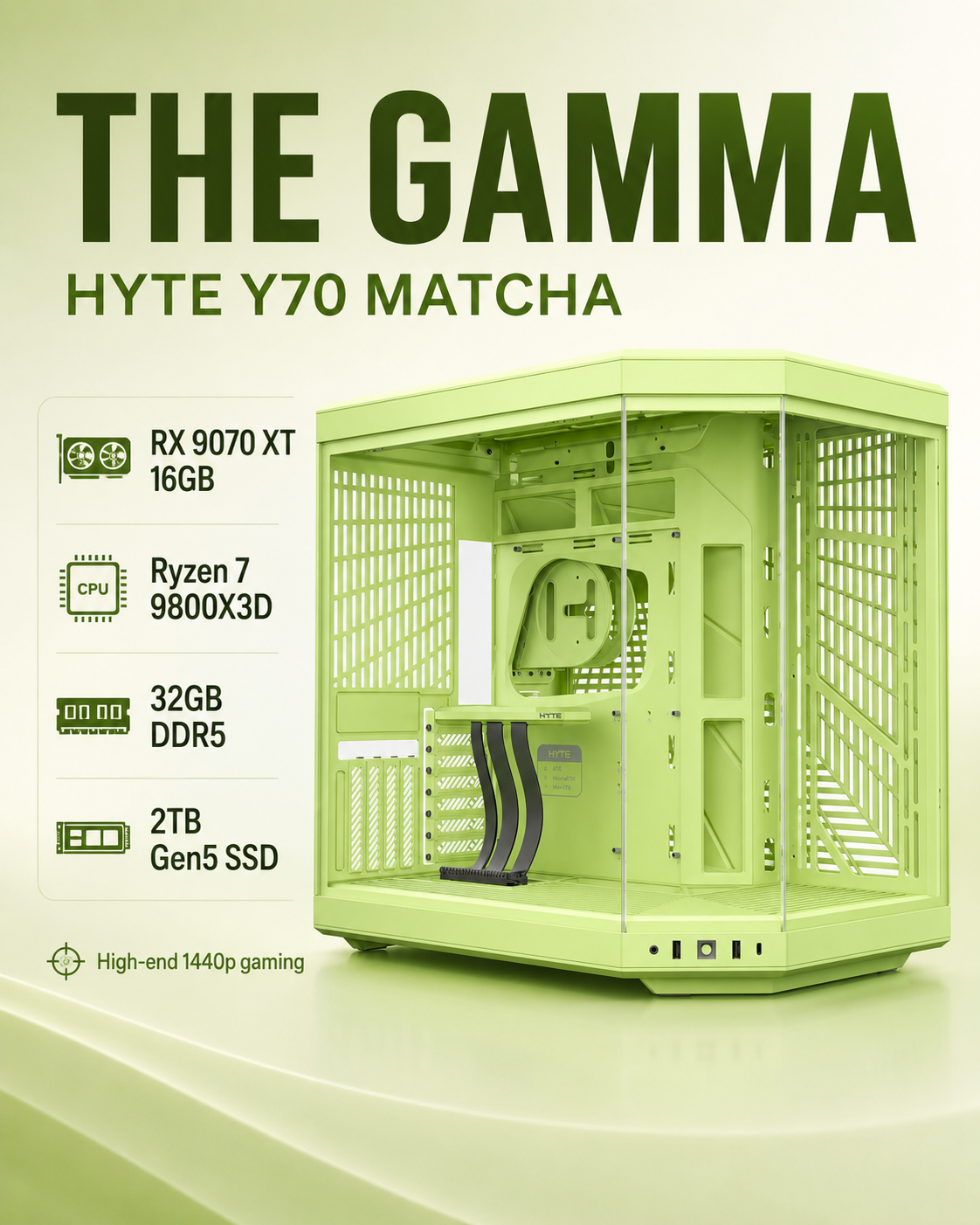 The Gamma – RX 9070 XT | Ryzen 7 9800X3D | 32GB DDR5 | 2TB Gen5 SSD | HYTE Y70 Matcha | 1440p Gaming | Streaming Ready