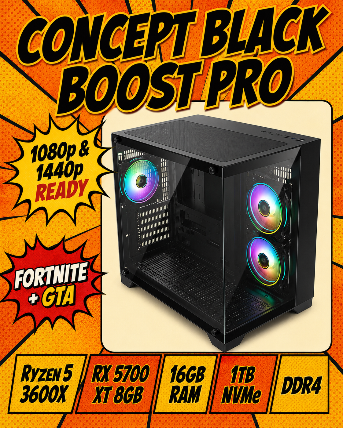 CONCEPT BLACK Boost Pro Gaming PC – Ryzen 5 3600X | RX 5700 XT 8GB | 16GB RAM | 1080p & 1440p Ready | Fortnite & GTA | DDR4