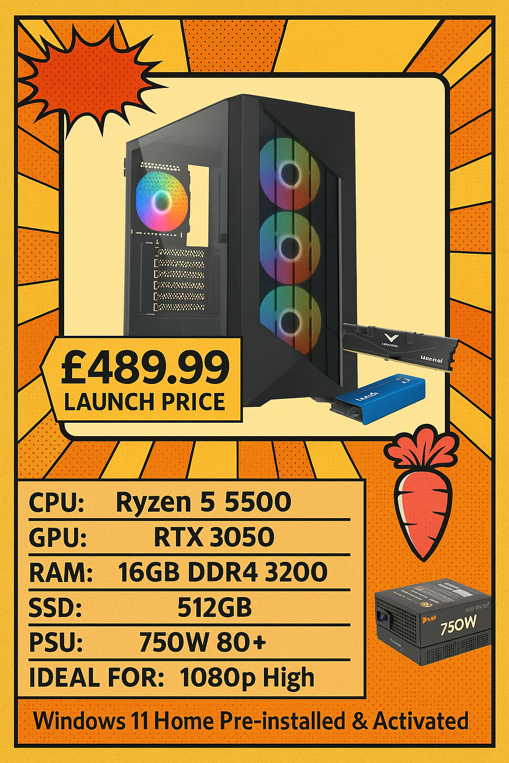 Typhoon Gaming PC – Smooth 1080p Gaming! Ryzen 5 5500 & RTX 3050 (Black Edition)