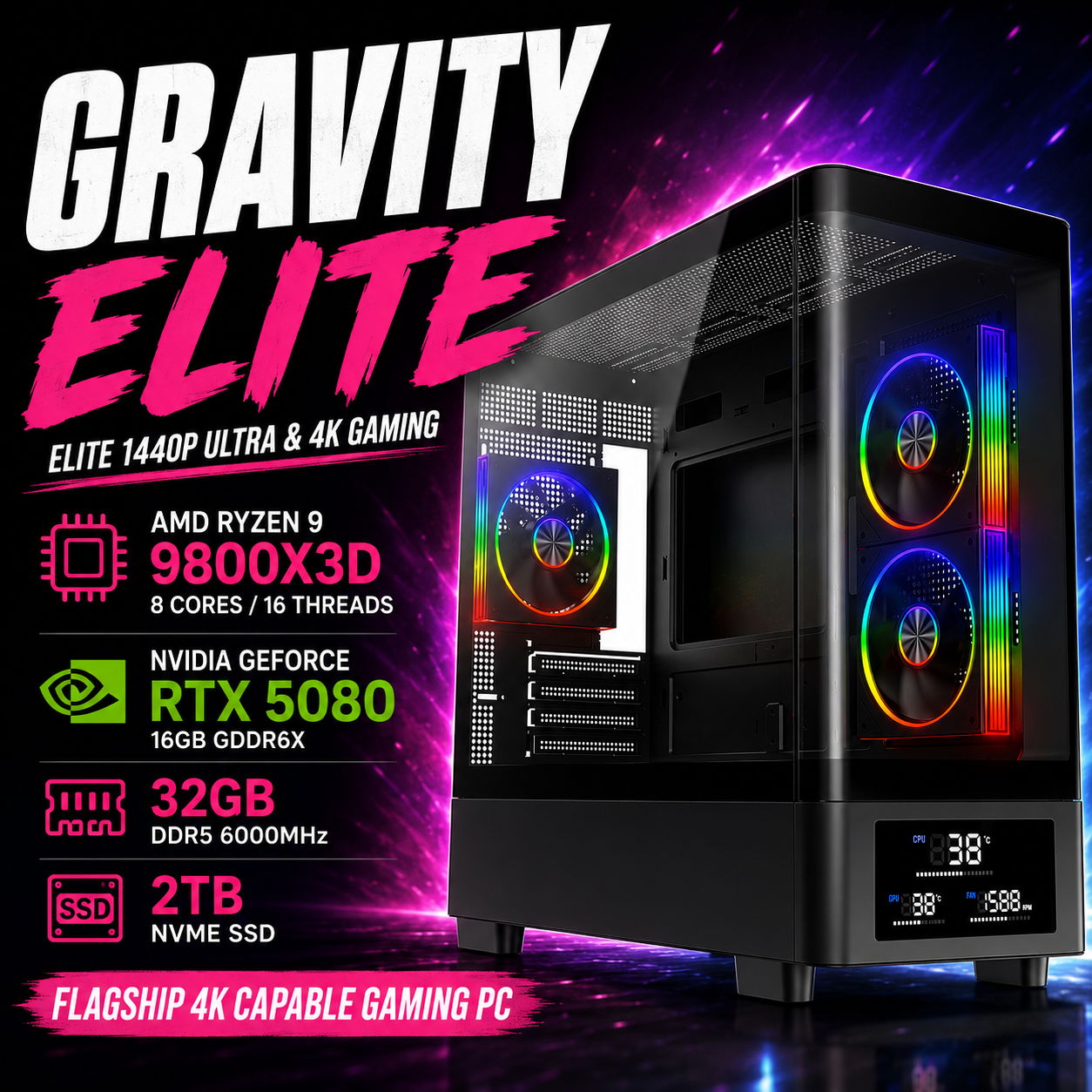 GRAVITY Elite Gaming PC – Ryzen 9800X3D • RTX 5080 16GB • 32GB DDR5 • AM5 | Streaming Ready