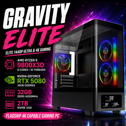 GRAVITY Elite Gaming PC – Ryzen 9800X3D • RTX 5080 16GB • 32GB DDR5 • AM5 | Streaming Ready