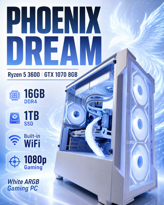 Phoenix Dream | Ryzen 5 3600 | GTX 1070 8 GB | 16 GB DDR4 | 1 TB SSD | White ARGB Gaming PC | White Build