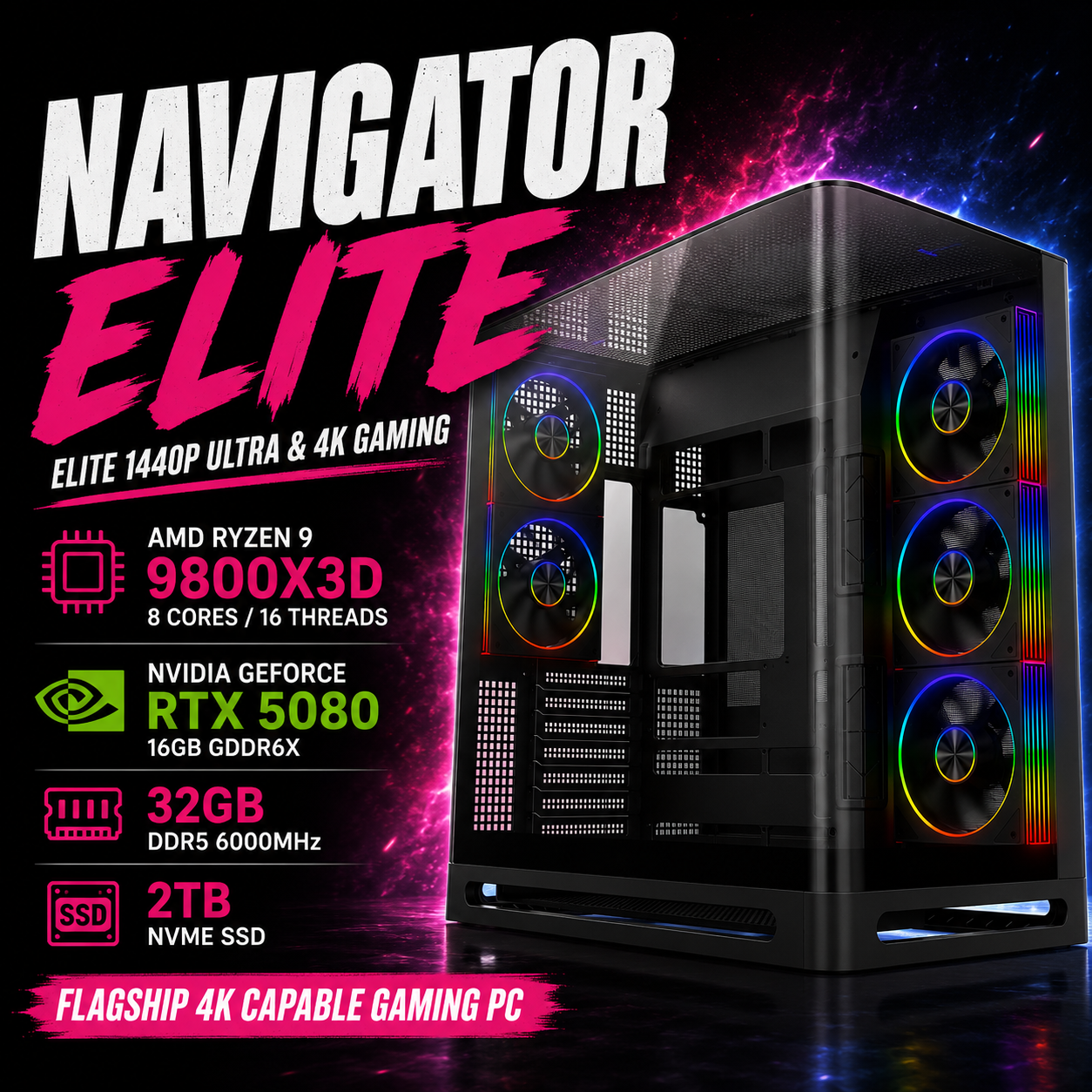 NAVIGATOR Elite Gaming PC – Ryzen 9800X3D • RTX 5080 16GB • 32GB DDR5 • AM5 | Streaming Ready