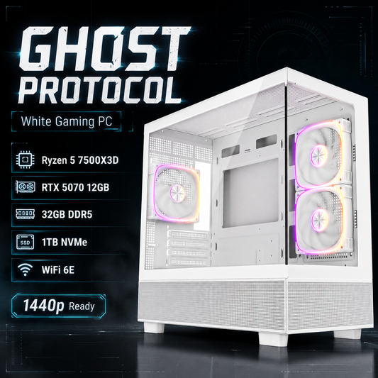 Ghost Protocol ⚪ White Gaming PC – Ryzen 5 7500X3D, RTX 5070 12GB, 32GB DDR5, 1TB NVMe, 360mm LCD AIO, WiFi 6E | 1440p Gaming | White Build | Streaming Ready