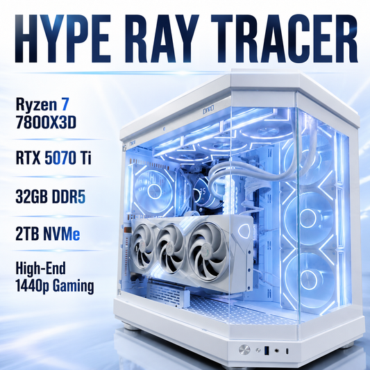Hype Ray Tracer – Ryzen 7 7800X3D | RTX 5070 Ti | 32GB DDR5 | 2TB NVMe | White Infinity Gaming PC | 1440p Gaming | Fortnite & GTA | White Build | Streaming Ready