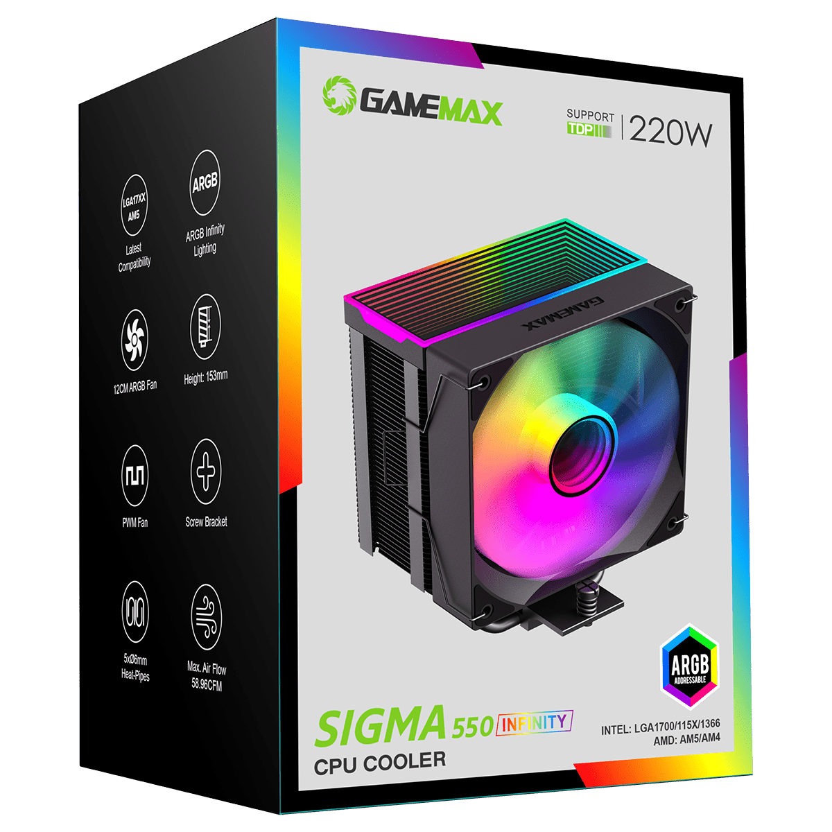 Sigma 550 Black ARGB CPU Cooler With 120mm PWM ARGB Infinity Fan 5 x 6mm Heat Pipes TDP 220W - Pink Parsnip Computers