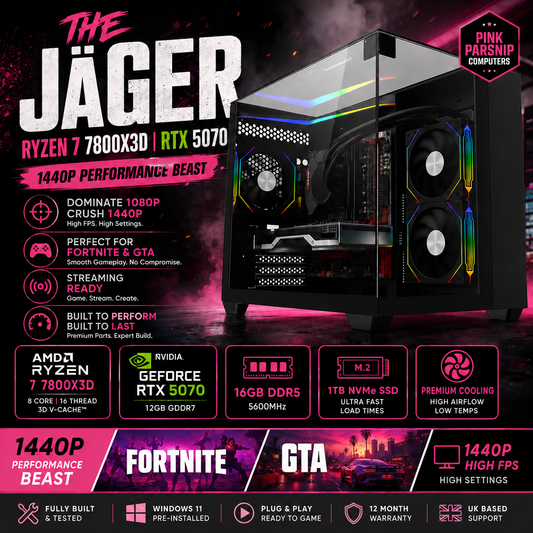 The Jäger – Ryzen 7 7800X3D | RTX 5070 Gaming PC | 1440p Performance Beast | Fortnite & GTA | DDR5 | Streaming Ready
