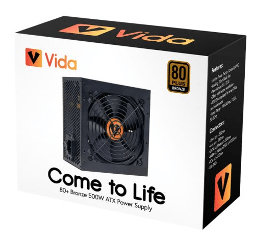 Vida 500W ATX PSU, 80+ Bronze, Fluid Dynamic Ultra - Quiet Fan, PCIe, Flat Black Cables, Power Lead Not Included, Black - Pink Parsnip Computers