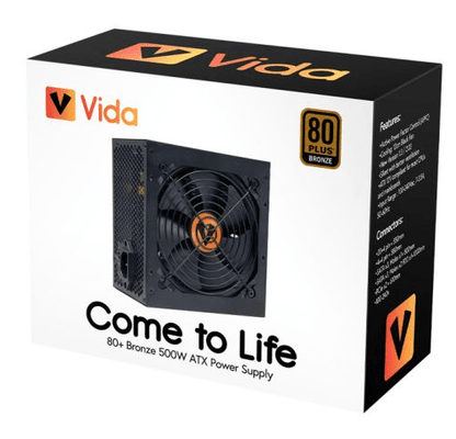 Vida 500W ATX PSU, 80+ Bronze, Fluid Dynamic Ultra - Quiet Fan, PCIe, Flat Black Cables, Power Lead Not Included, Black - Pink Parsnip Computers