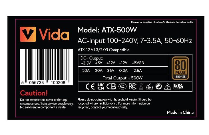 Vida 500W ATX PSU, 80+ Bronze, Fluid Dynamic Ultra - Quiet Fan, PCIe, Flat Black Cables, Power Lead Not Included, Black - Pink Parsnip Computers
