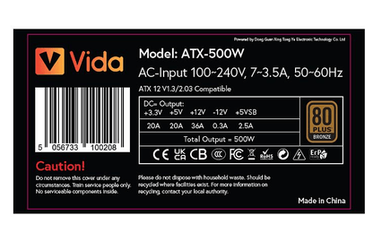 Vida 500W ATX PSU, 80+ Bronze, Fluid Dynamic Ultra - Quiet Fan, PCIe, Flat Black Cables, Power Lead Not Included, Black - Pink Parsnip Computers