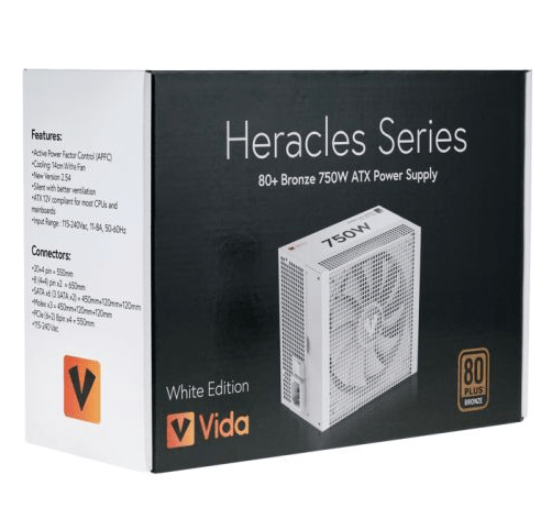 Vida 750W Heracles White ATX Gaming PSU, 80+ Bronze, 14cm Ultra - Quiet FDM Fan, Flat White Cables, Power Lead Not Included - Pink Parsnip Computers