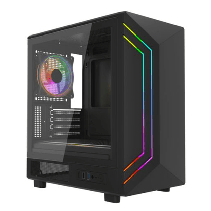 Vida Apollo M Black ARGB Gaming Case w/ Glass Window, Micro ATX, Rear ARGB Infinity Fan, Front LED Strips - Pink Parsnip Computers