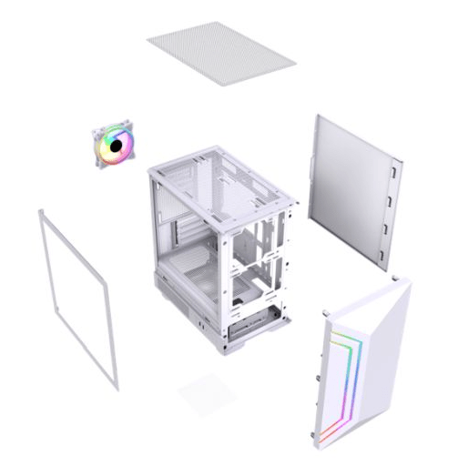 Vida Apollo M White ARGB Gaming Case w/ Glass Window, Micro ATX, Rear ARGB Infinity Fan, Front LED Strips - Pink Parsnip Computers