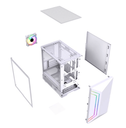 Vida Apollo M White ARGB Gaming Case w/ Glass Window, Micro ATX, Rear ARGB Infinity Fan, Front LED Strips - Pink Parsnip Computers