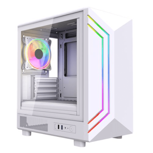 Vida Apollo M White ARGB Gaming Case w/ Glass Window, Micro ATX, Rear ARGB Infinity Fan, Front LED Strips - Pink Parsnip Computers