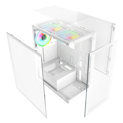 Vida Vetro White ARGB Gaming Case w/ Glass Front & Side, ATX, 3x ARGB Fans, 6 - Port PWM ARGB Fan Hub & Remote Control - Pink Parsnip Computers