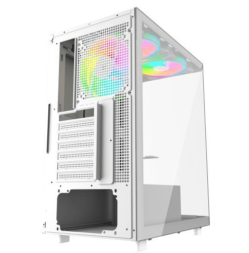 Vida Vetro White ARGB Gaming Case w/ Glass Front & Side, ATX, 3x ARGB Fans, 6 - Port PWM ARGB Fan Hub & Remote Control - Pink Parsnip Computers