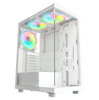 Vida Vetro White ARGB Gaming Case w/ Glass Front & Side, ATX, 3x ARGB Fans, 6 - Port PWM ARGB Fan Hub & Remote Control - Pink Parsnip Computers